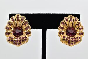 CY Vintage Crystal Clip On Earrings Purple Rhinestone Flower Gold Signed BinQ